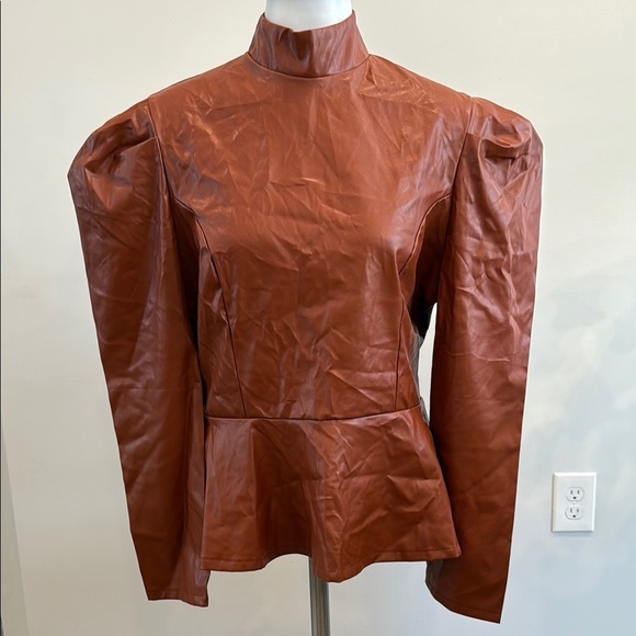 Large Women's Brown Faux Leather Turtleneck Sweater Zippered Back - Picture 1 of 9
